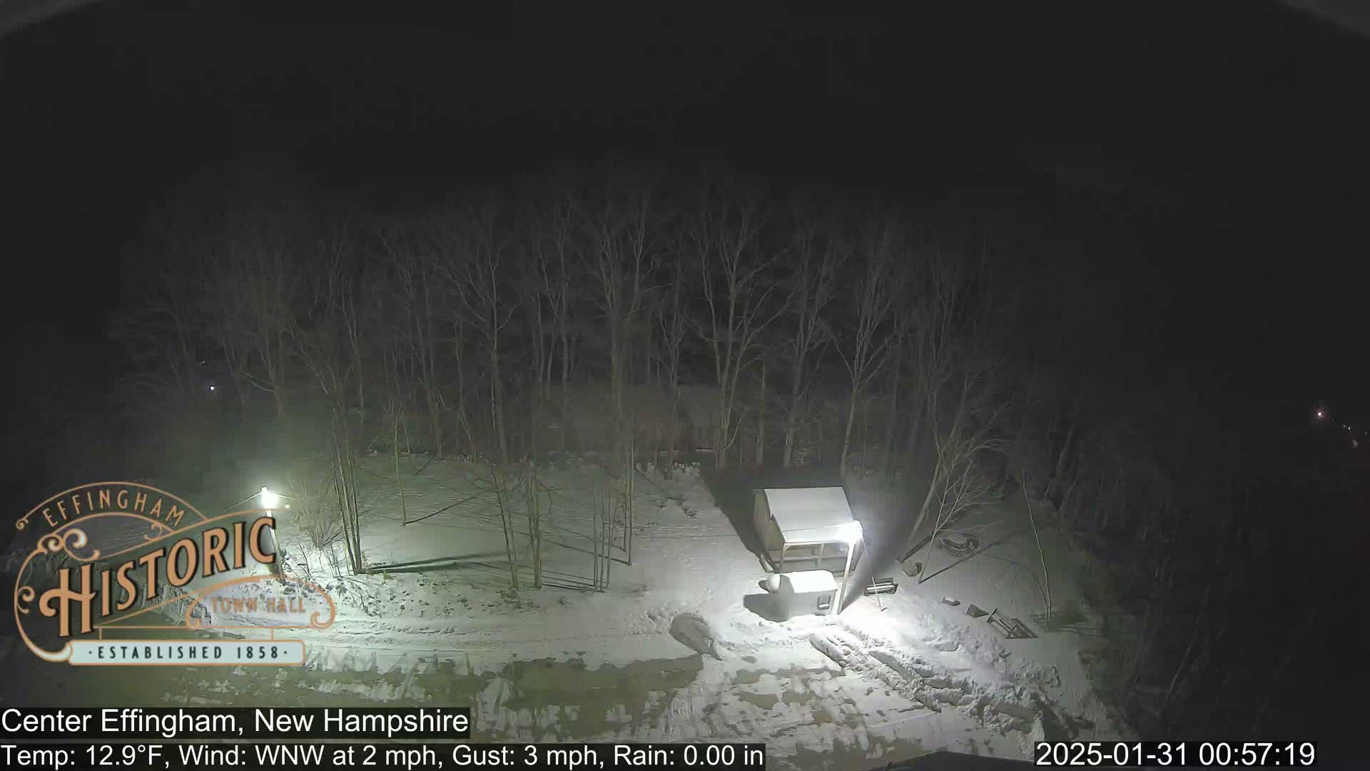 A snow-covered yard at night, illuminated by lights, is surrounded by bare trees under a dark sky.