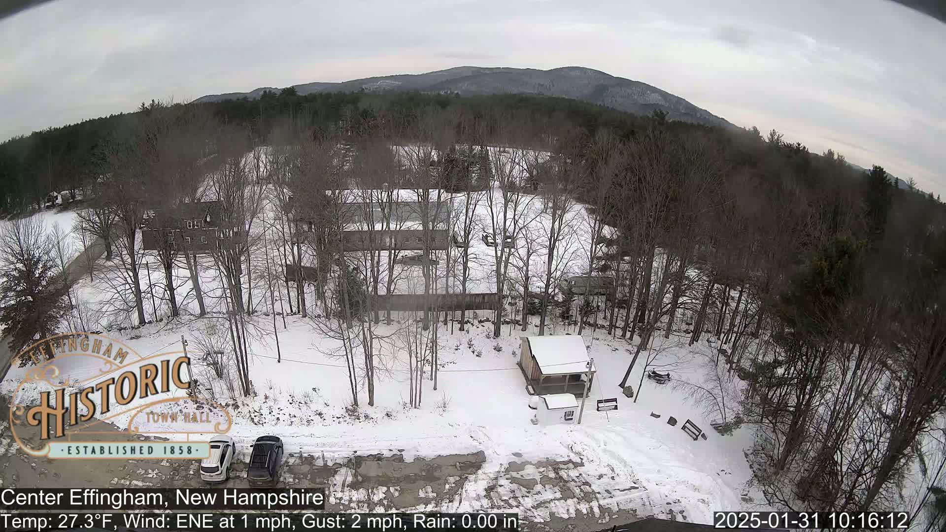 A snow-covered landscape with a few buildings and cars, situated near a wooded area and mountains under an overcast sky.