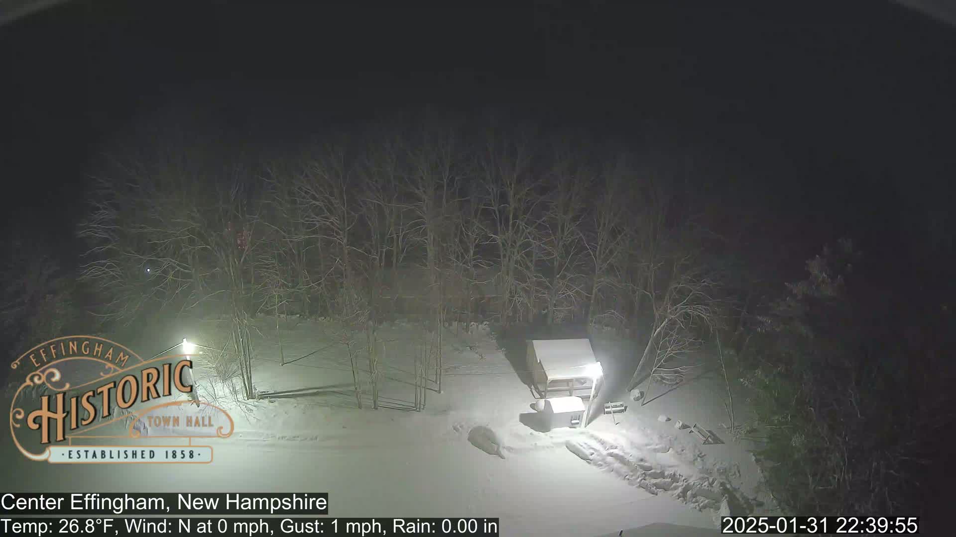 A snow-covered area at night, with bare trees and a small structure visible under a dark sky.