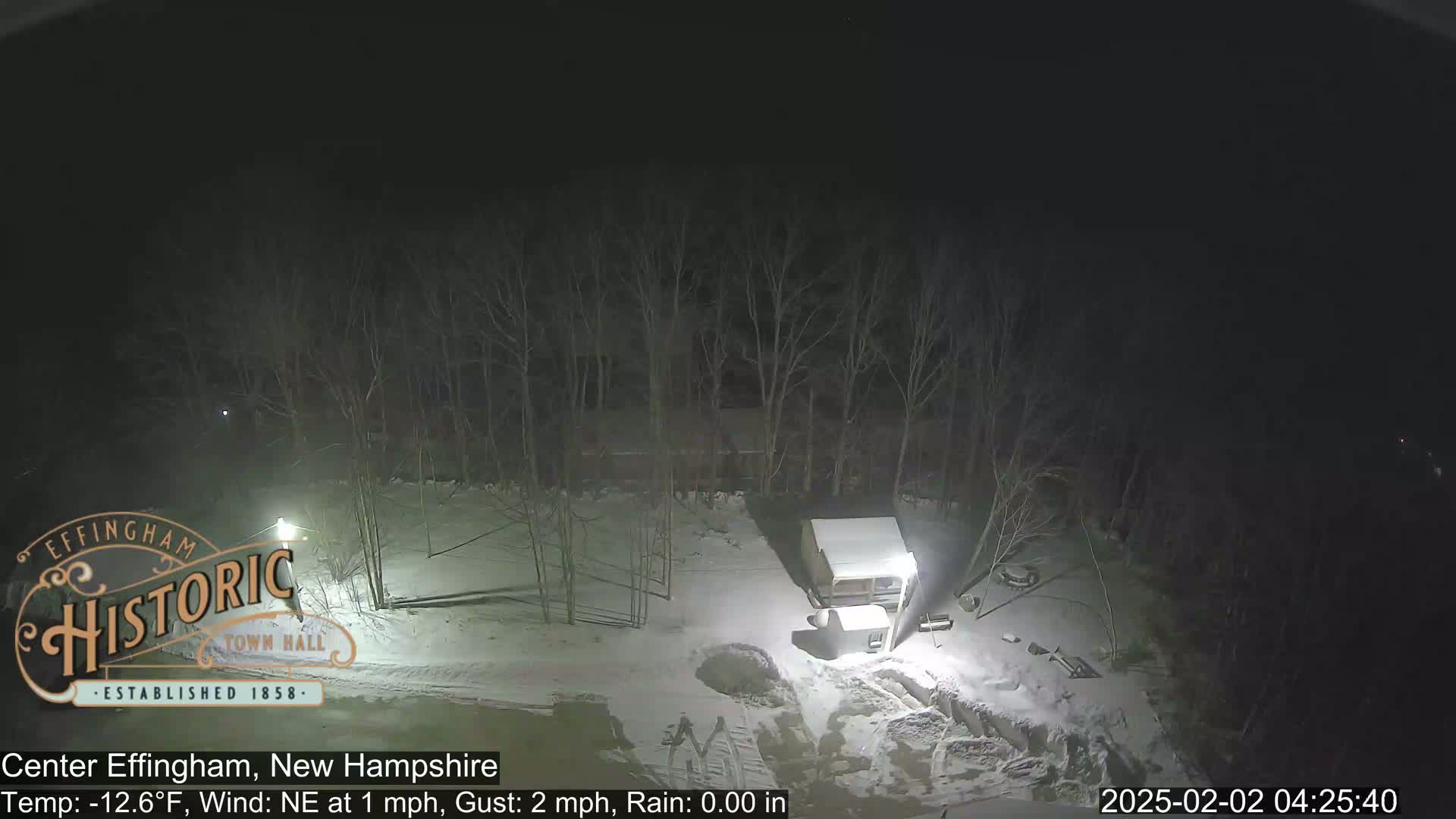 A snow-covered area at night, illuminated by lights, shows bare trees and a small structure, with a northeast wind at 1 mph and a temperature of -12.6°F.