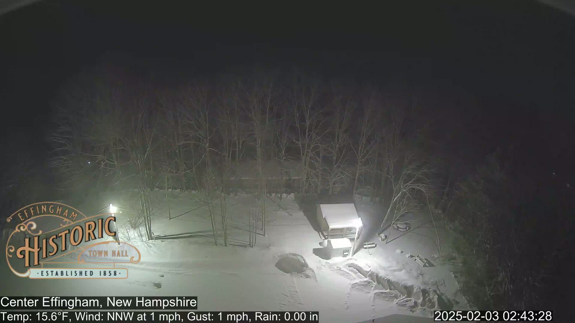 A snow-covered yard at night, illuminated by a lamppost, features a small structure amidst leafless trees under a dark sky.