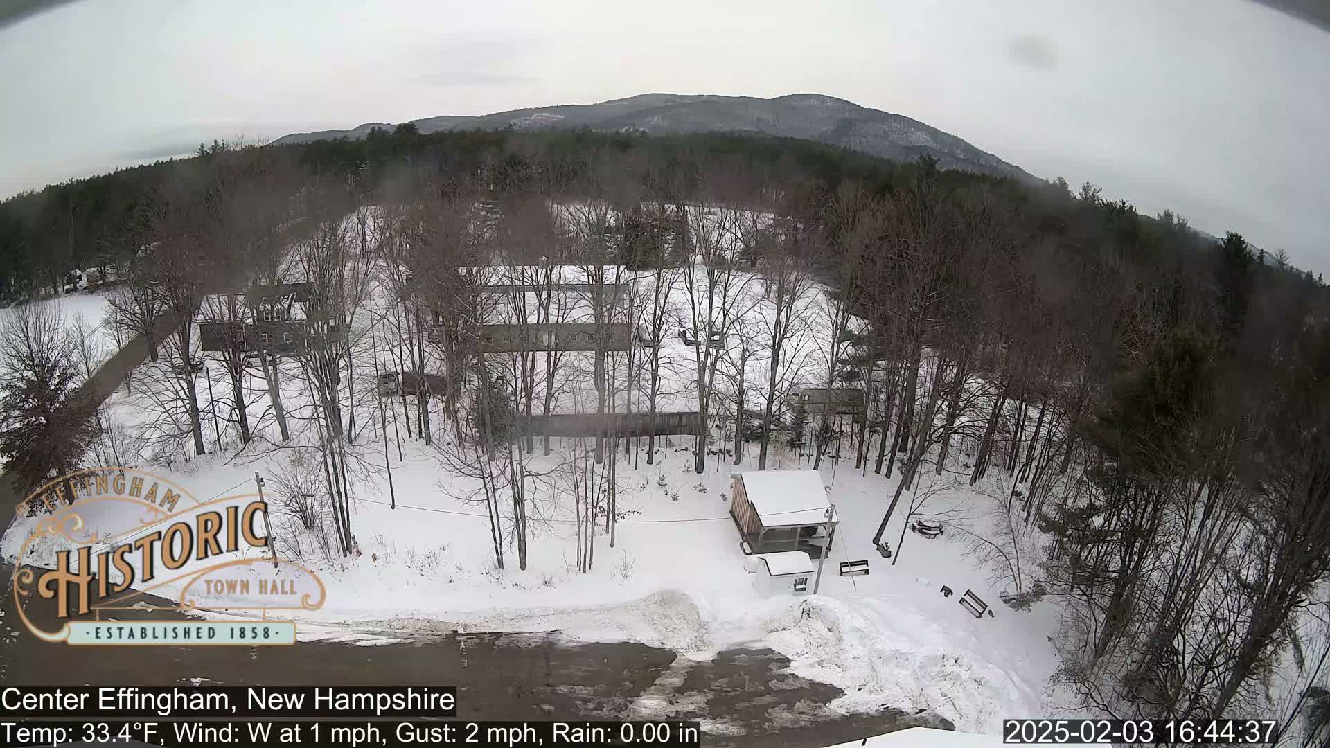 A snow-covered landscape with bare trees and several buildings, under an overcast sky.