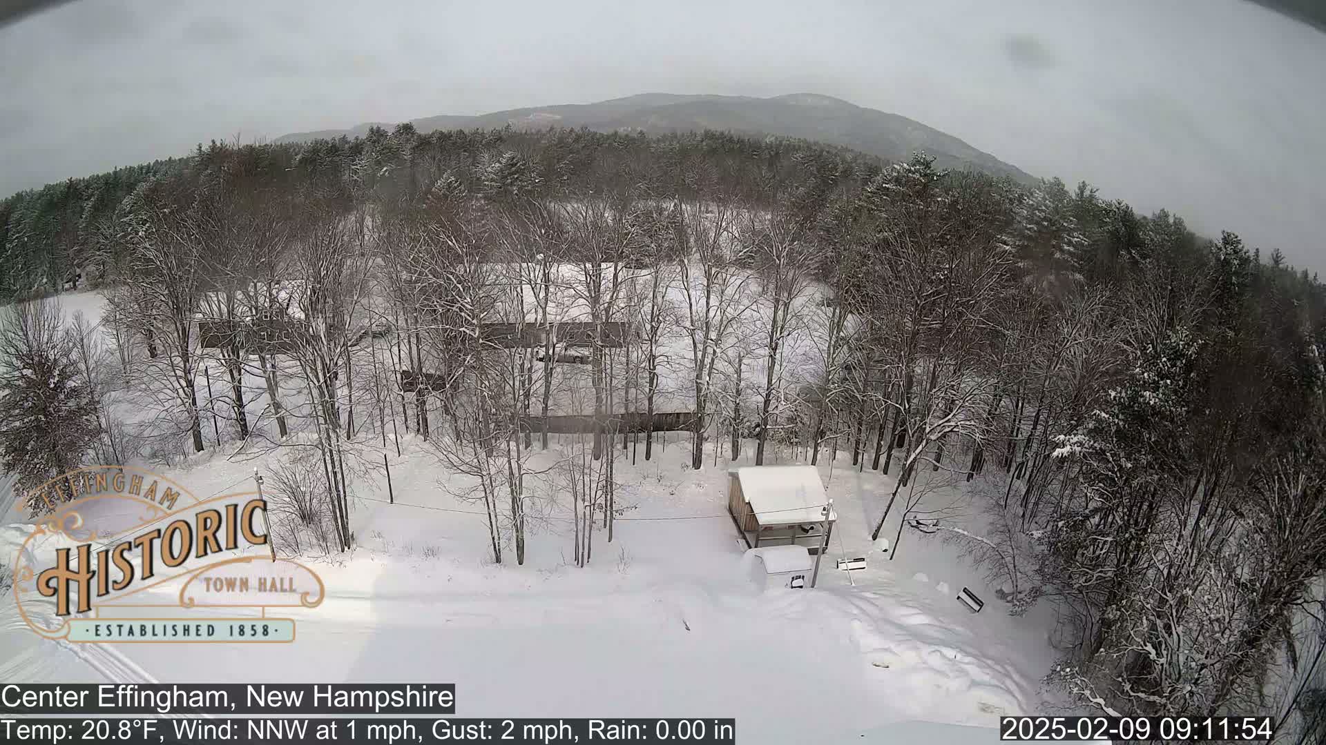 A snow-covered landscape with bare, snow-laden trees surrounds a small building, all under a gray, overcast sky.