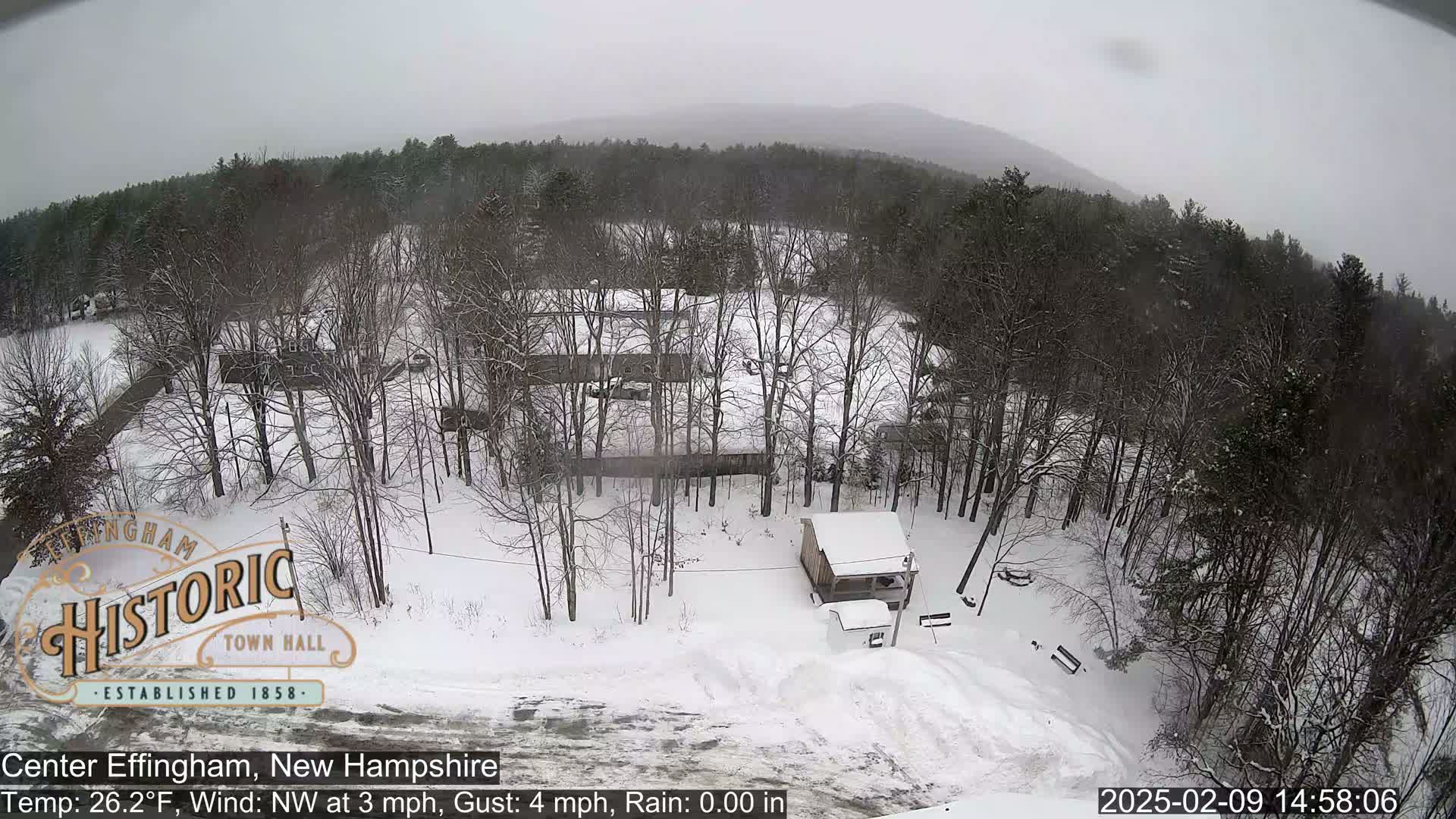 A snow-covered landscape with leafless trees and a small building, under a cloudy, snowy sky.