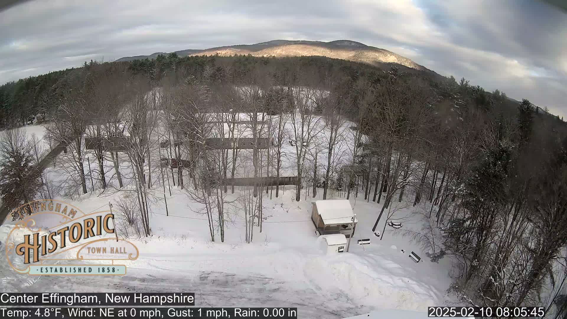 A snow-covered landscape with leafless trees and small buildings, viewed from above, under a cloudy sky.