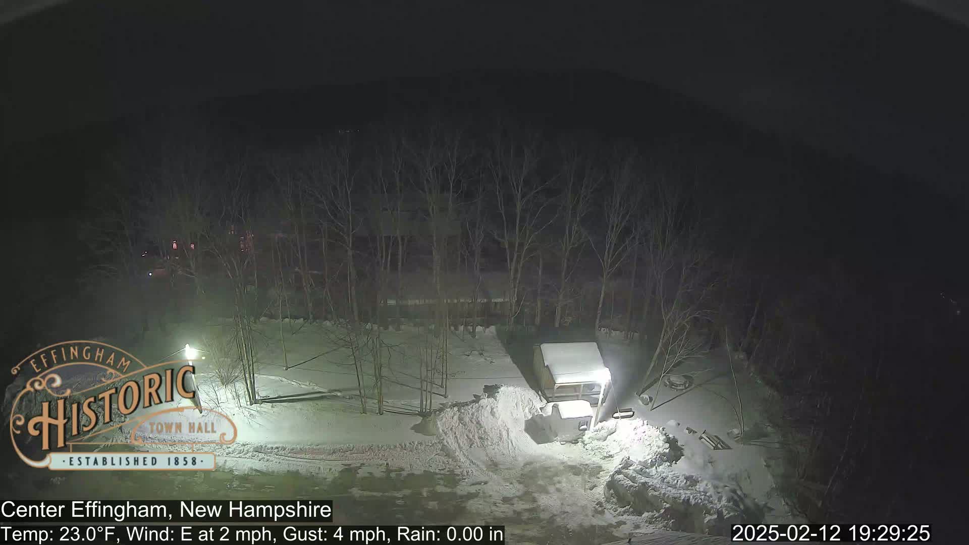 A nighttime scene of a snow-covered area with bare trees under a dark sky and light rain.
