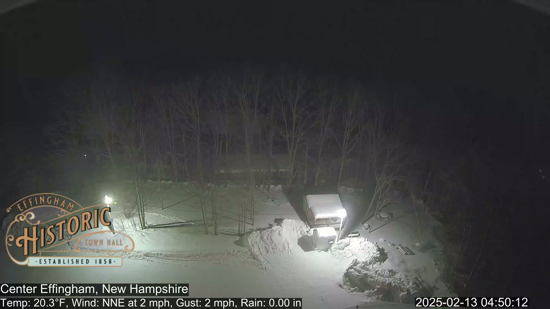 A snow-covered area at night, illuminated by lights, shows a camper van parked near bare trees under a dark sky.