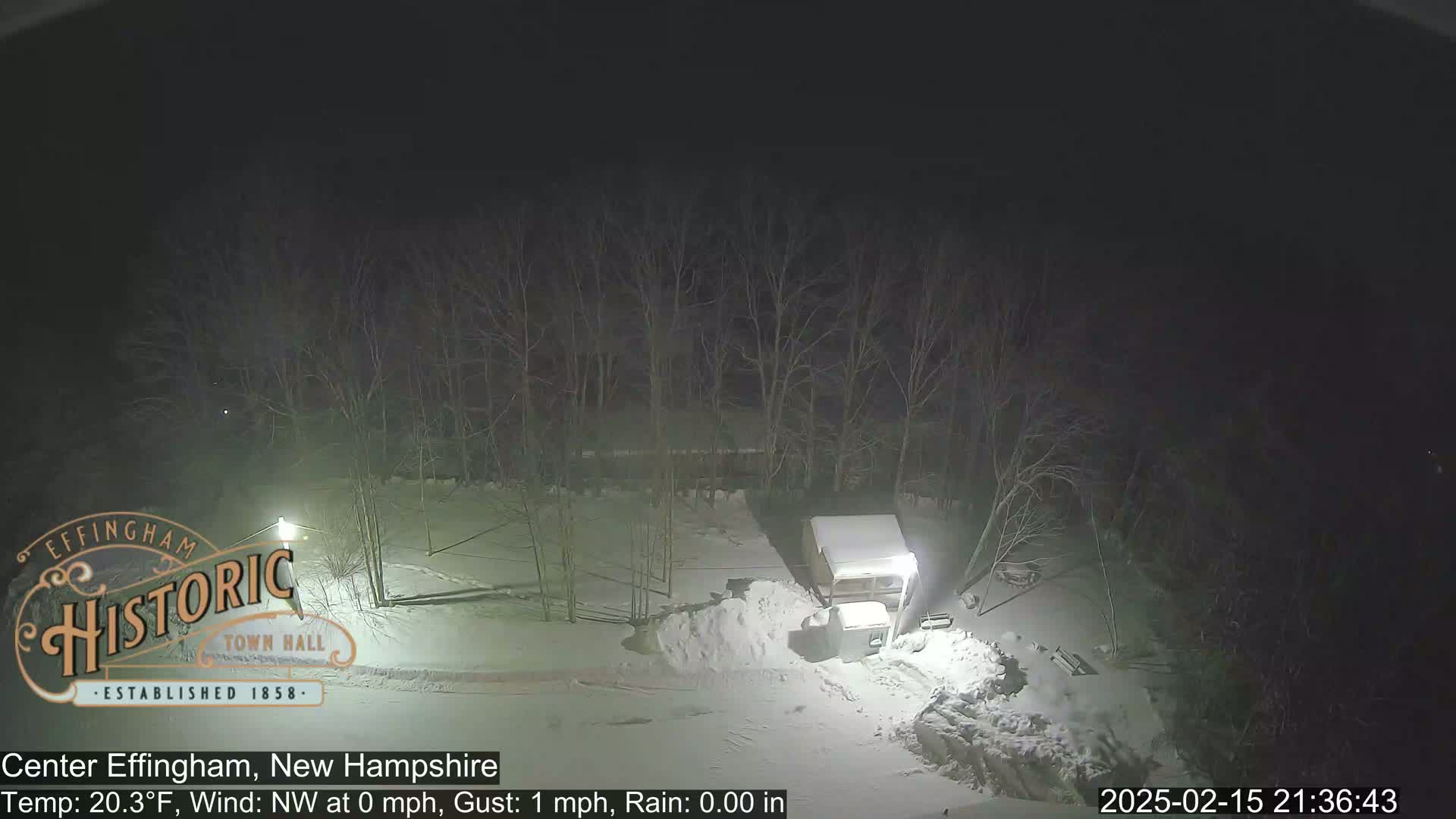 A nighttime, snow-covered scene shows a building and several trees under a dark sky.