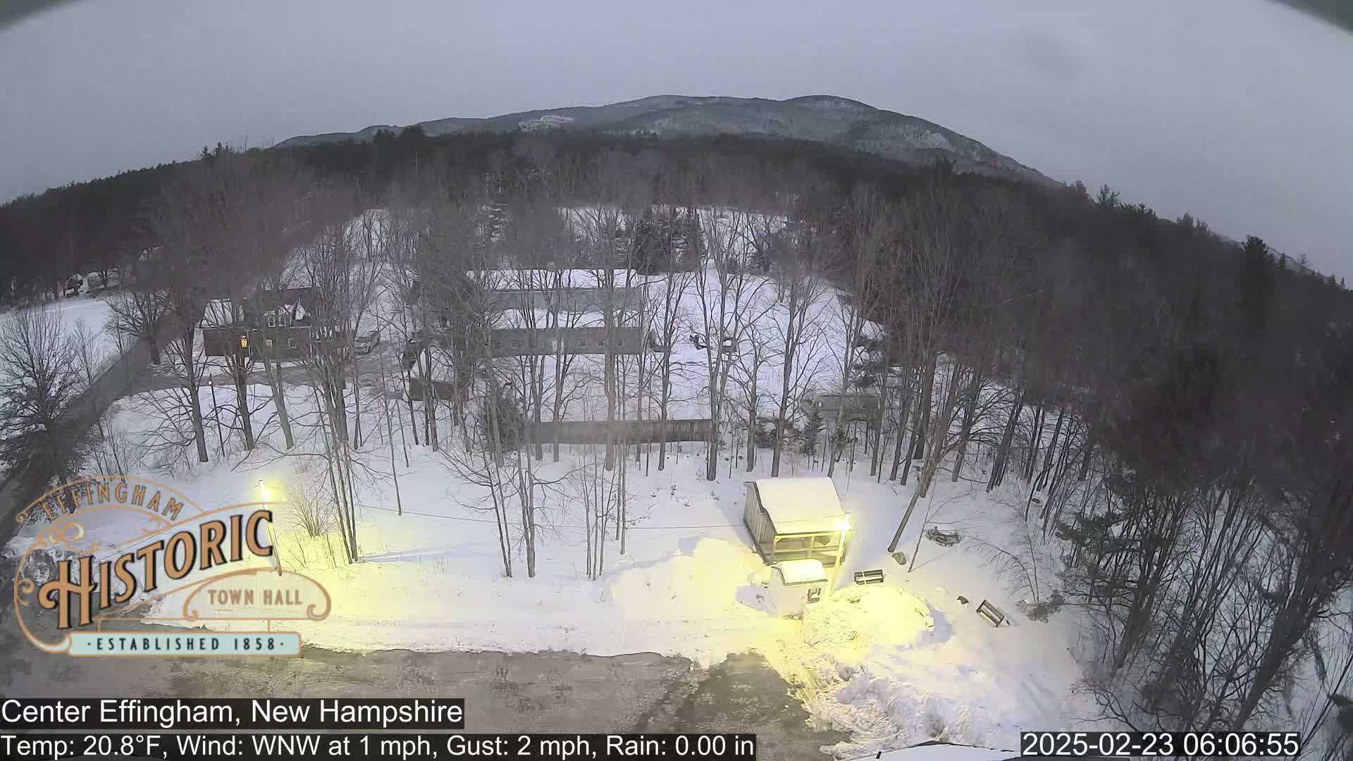 A snow-covered landscape with leafless trees and several buildings, under an overcast sky.