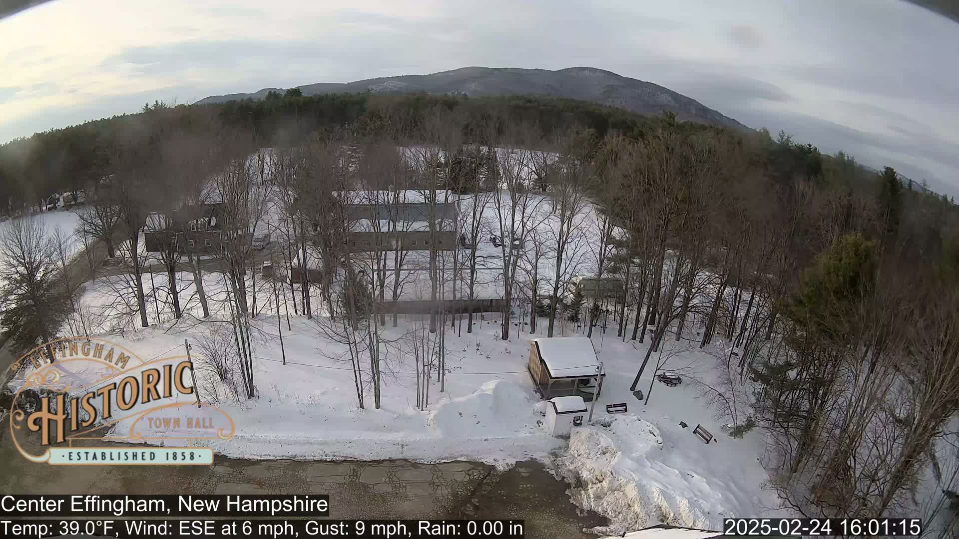 A snow-covered landscape with leafless trees and a few buildings, under a cloudy sky.