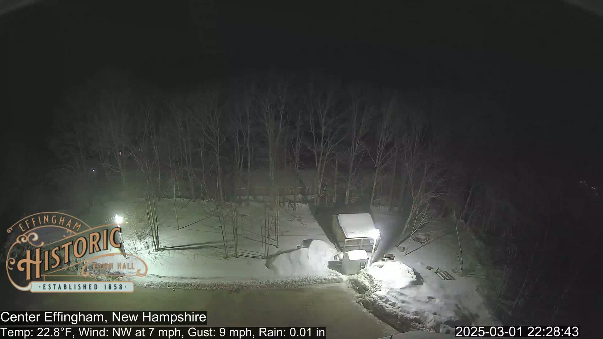 A nighttime scene shows a snow-covered area with bare trees and a small structure under a light rain.