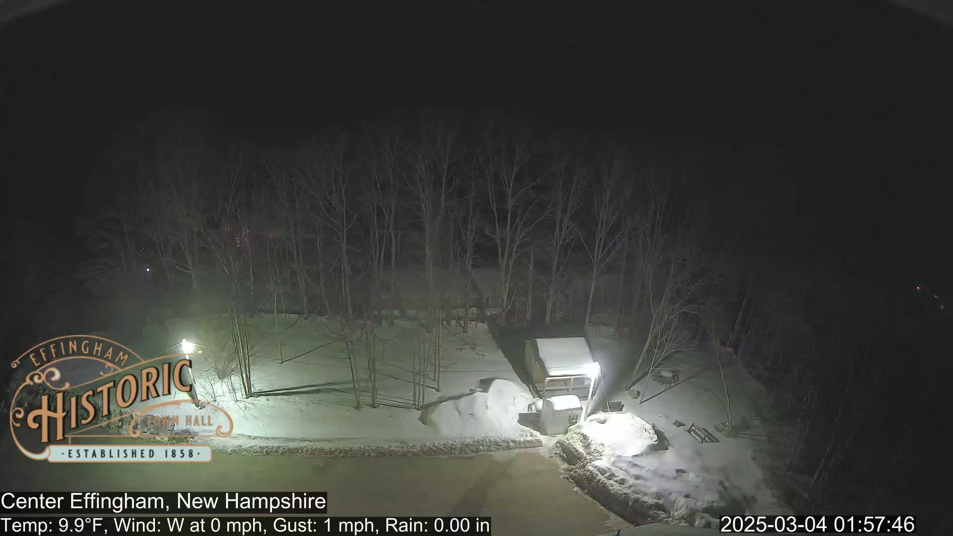 A nighttime scene shows a snow-covered area with leafless trees, a small building, and some lights under a dark sky.