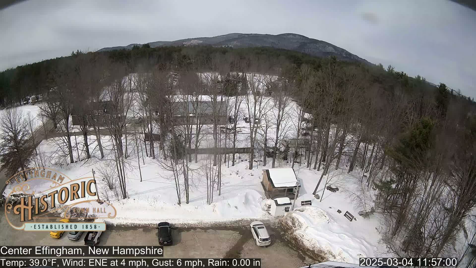 A snow-covered parking lot and surrounding woods are visible under a cloudy sky, with bare trees and distant mountains in the background.