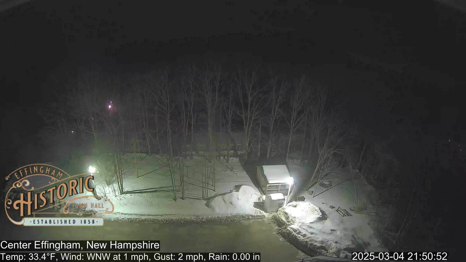 A nighttime view of a snow-covered area with bare trees and a small structure, under a dark sky with a slight wind.