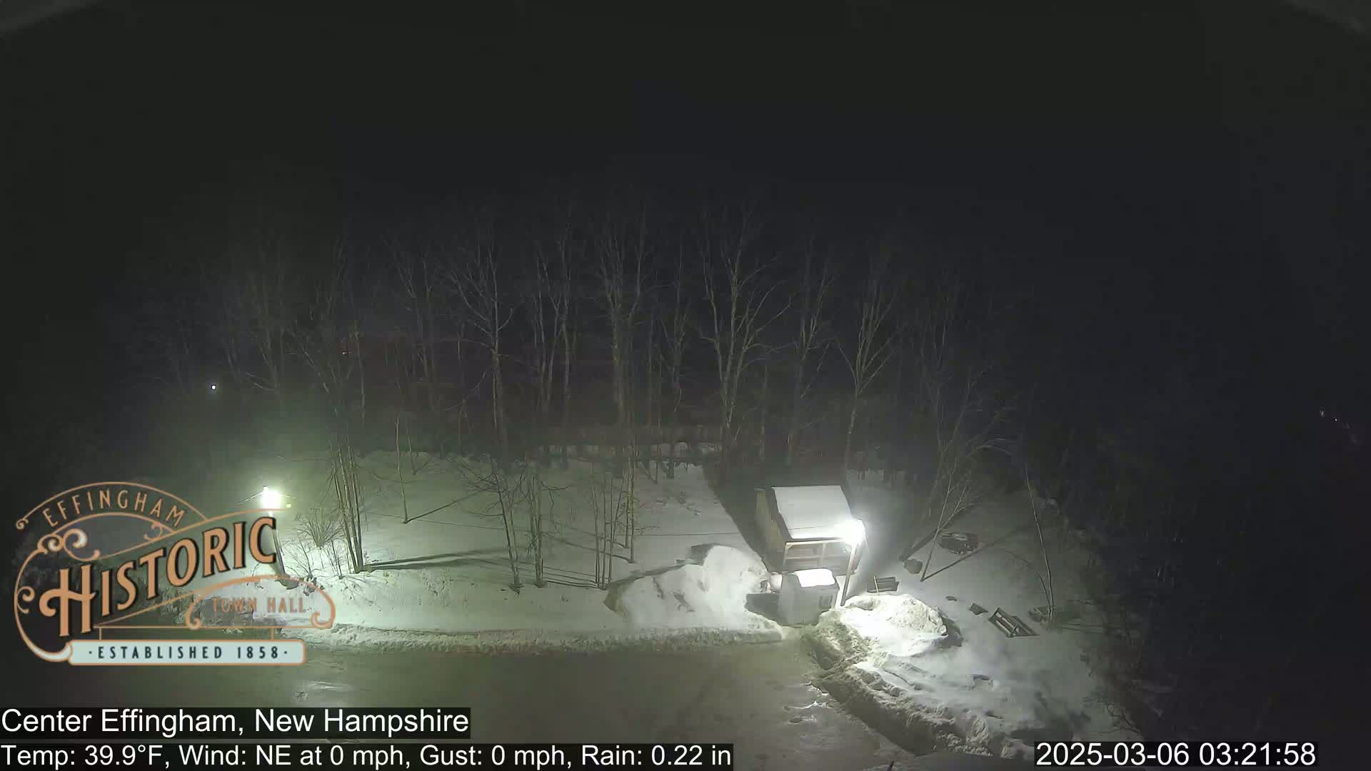 A nighttime view of a snow-covered area with bare trees and a small shed, under rainy conditions.