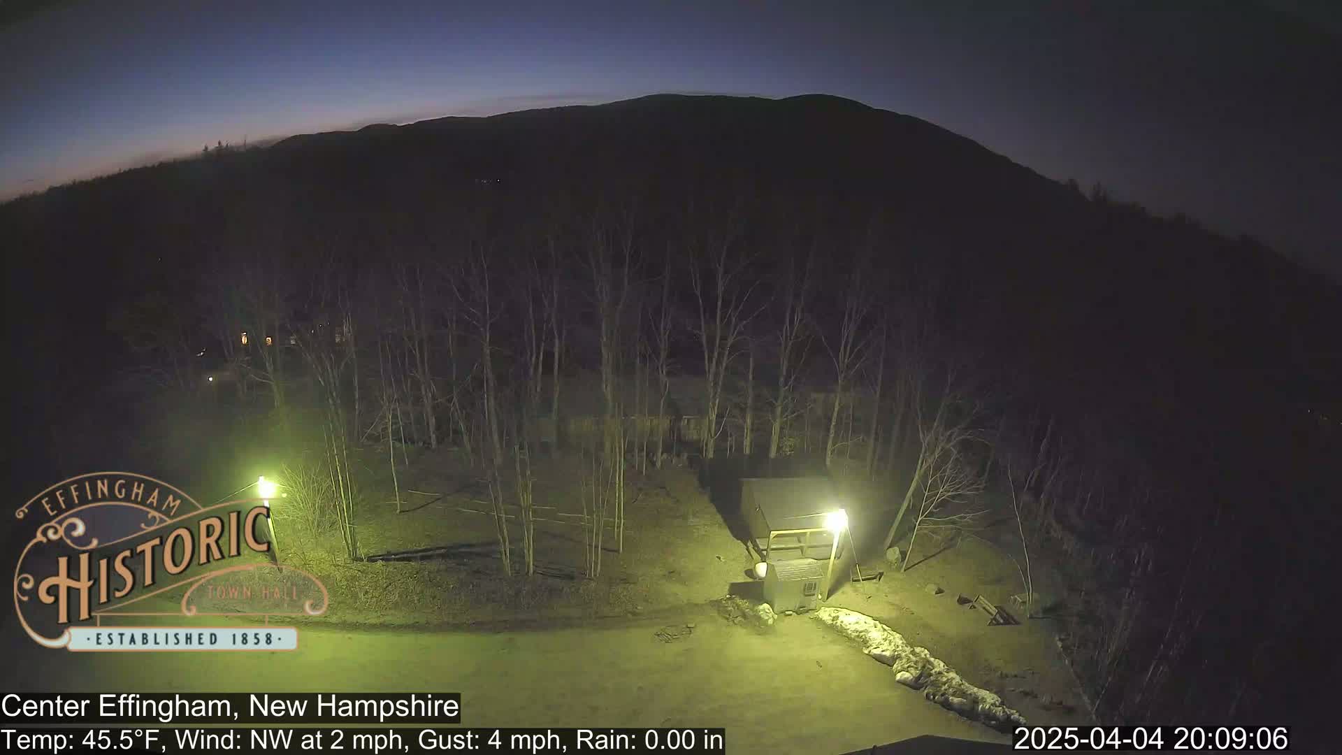 A nighttime outdoor scene shows a dark, treelined area with a hill in the background under a clear, dark sky; a small structure and some logs are visible in the foreground.