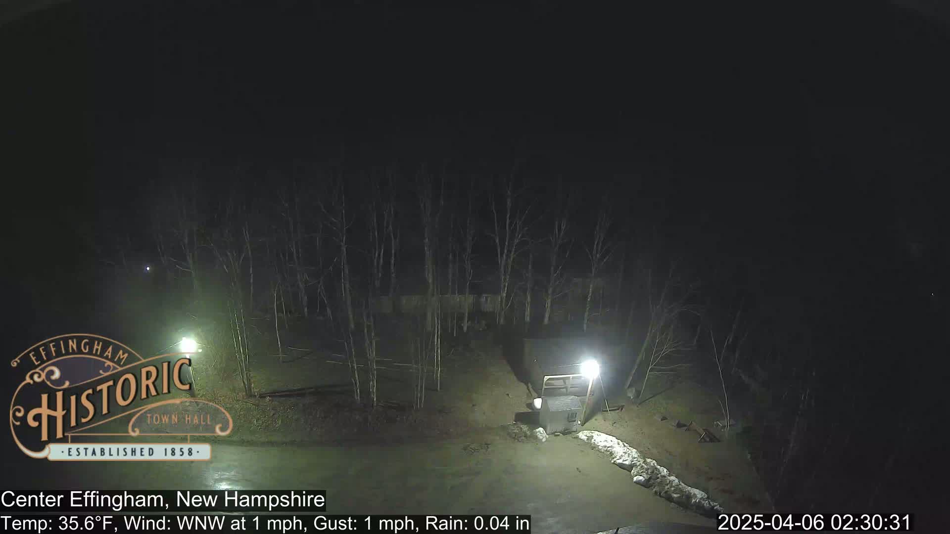 A nighttime view of a sparsely lit area with bare trees and patches of snow under a dark, rainy sky.