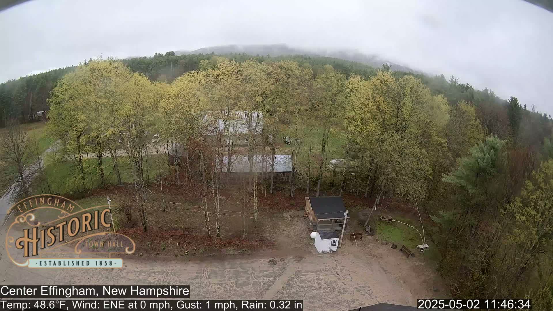 A high-angle view shows several buildings surrounded by trees in the rain, with a misty mountain in the background.