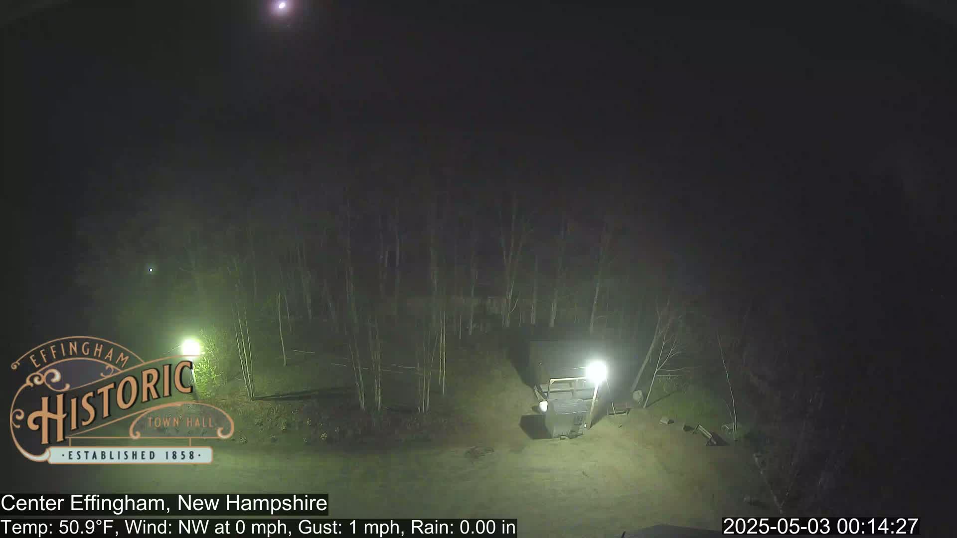 A nighttime view of a mostly empty parking lot bordered by trees under a dark, slightly hazy sky with a light rain.