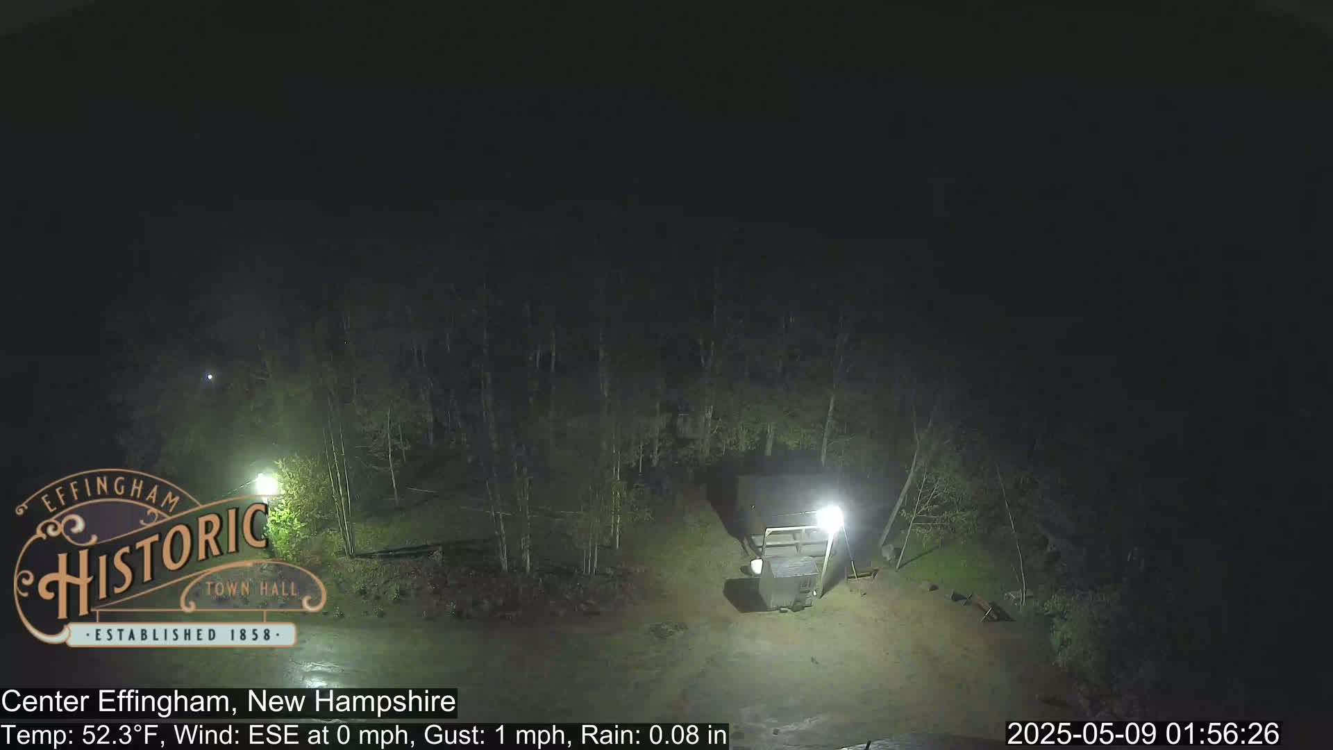 A nighttime view of a dark, wooded area illuminated by lights, with light rain falling.