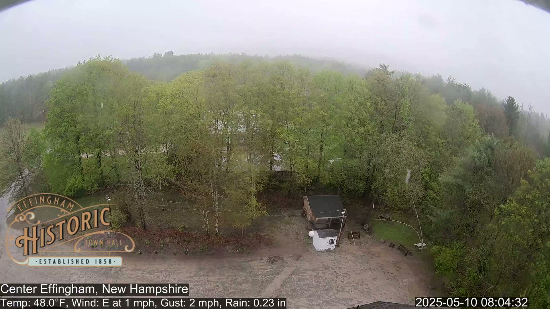 A high-angle view shows a small shed and a mostly clear area surrounded by a dense forest under a light rain in misty conditions.