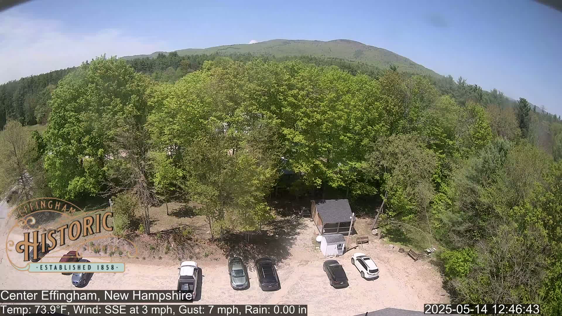 An aerial view shows a small parking lot with several cars, a small building, and a lush green forest under a clear blue sky.