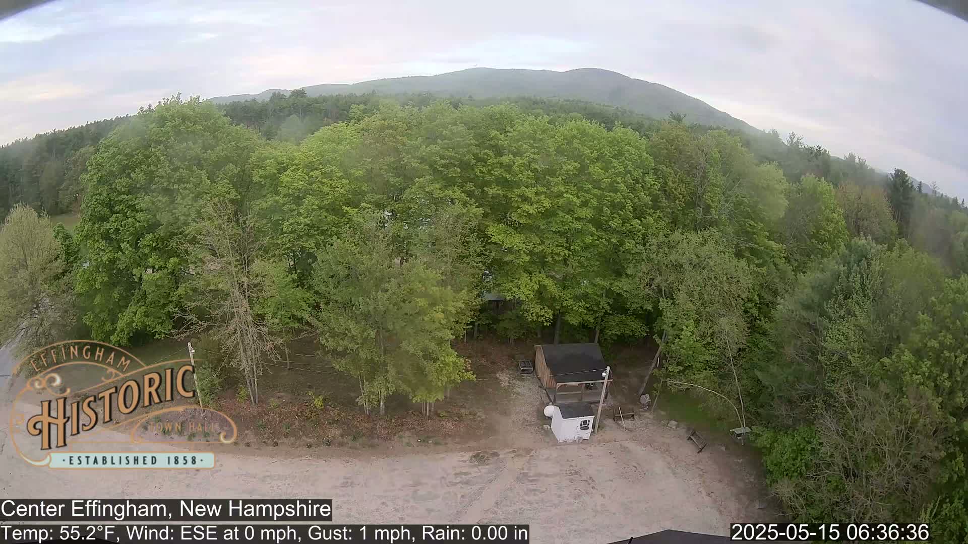 An aerial view shows a small building in a clearing surrounded by lush green deciduous trees under an overcast sky.