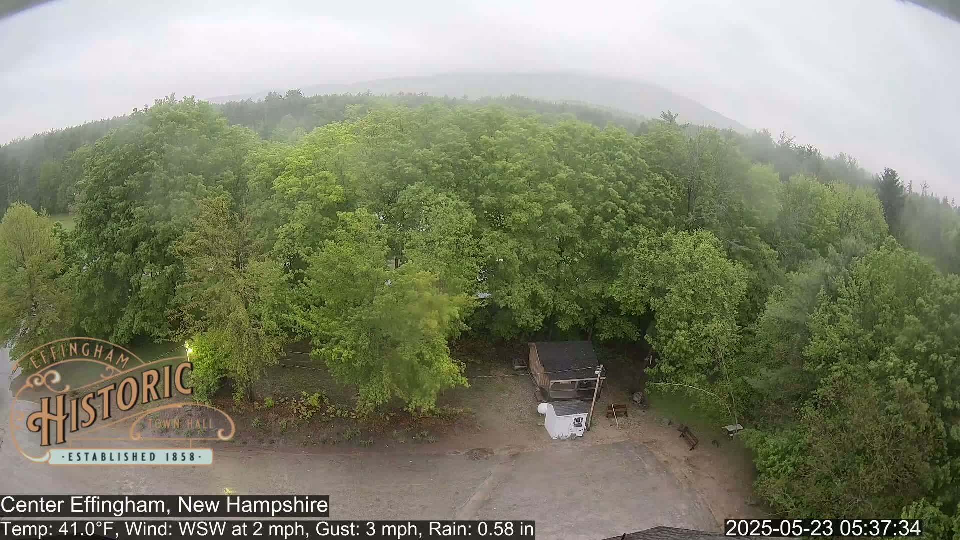 A high-angle view shows a small structure nestled among lush green trees in rainy weather.