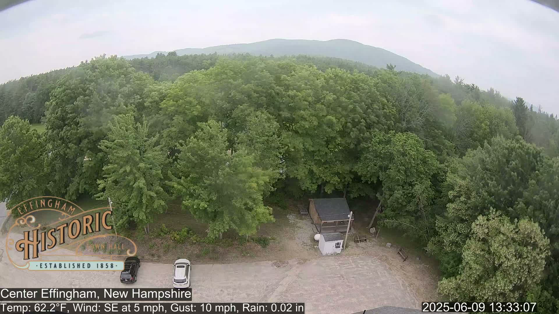 An aerial view shows a small building in a parking lot surrounded by lush green trees under a slightly overcast sky with light rain.