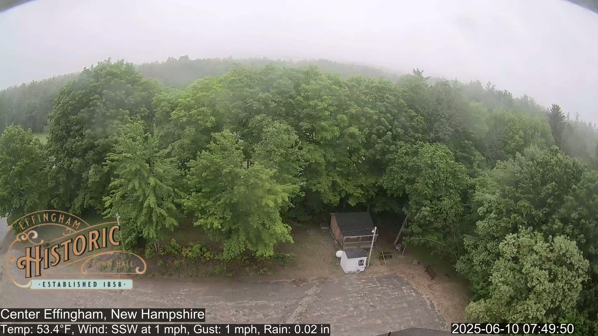 A high-angle view shows a small building in a clearing surrounded by lush green trees under a light rain and foggy conditions.