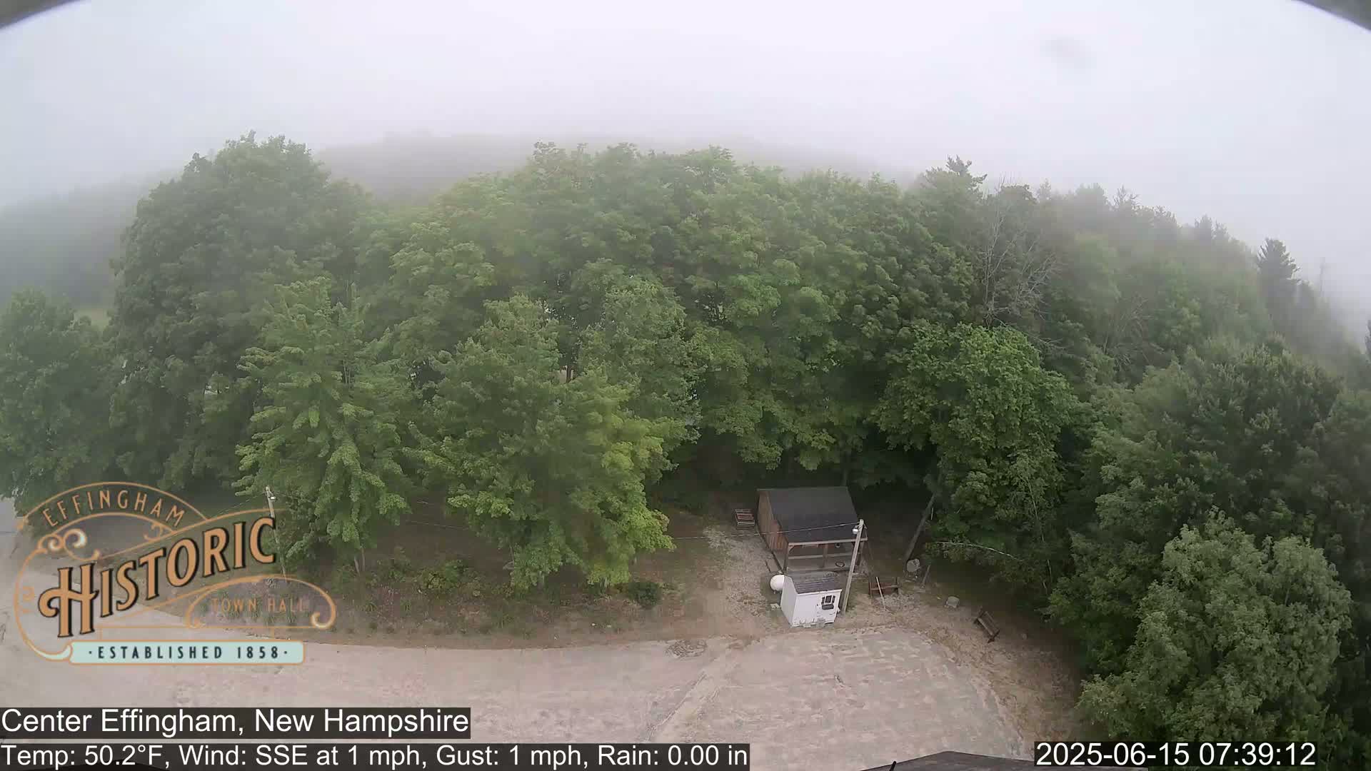 A foggy view of a small building surrounded by lush green trees.