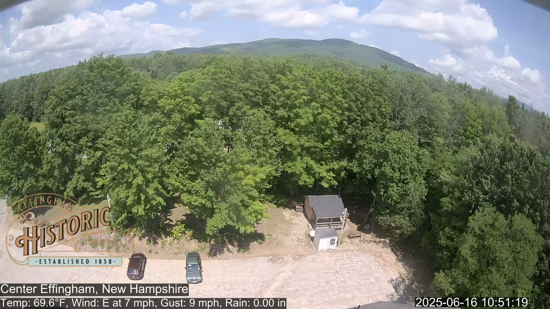An aerial view shows a partly cloudy sky over a lush green forest with a small building and a parking lot containing a few cars.