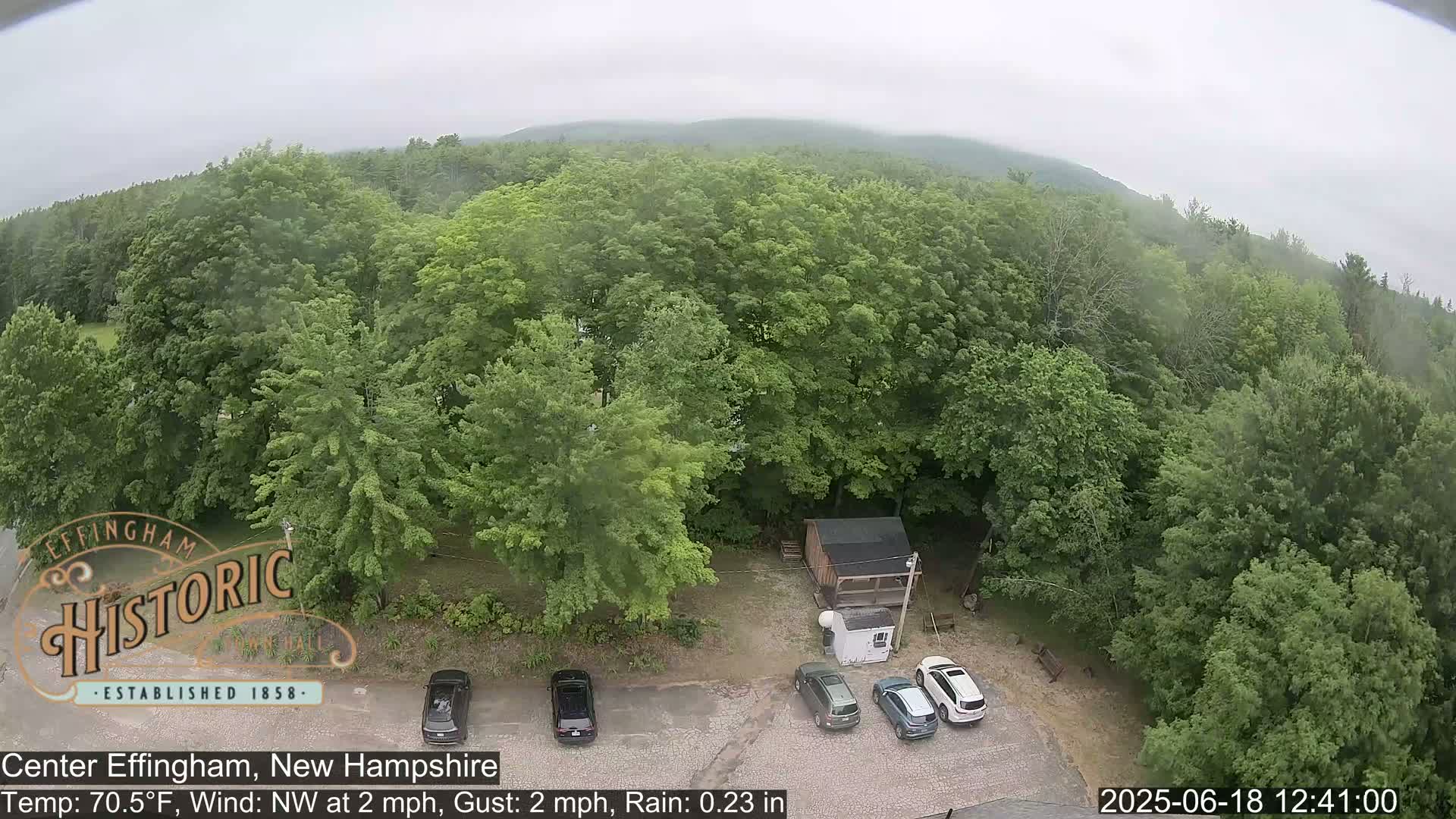 An aerial view shows a parking lot with several cars surrounded by lush green trees under a cloudy, rainy sky.