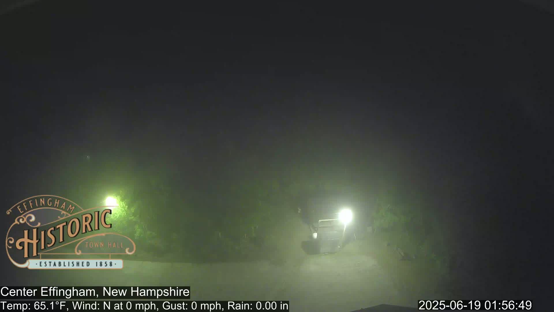 A nighttime, foggy scene shows a road with some trees and lampposts visible under dim lighting.