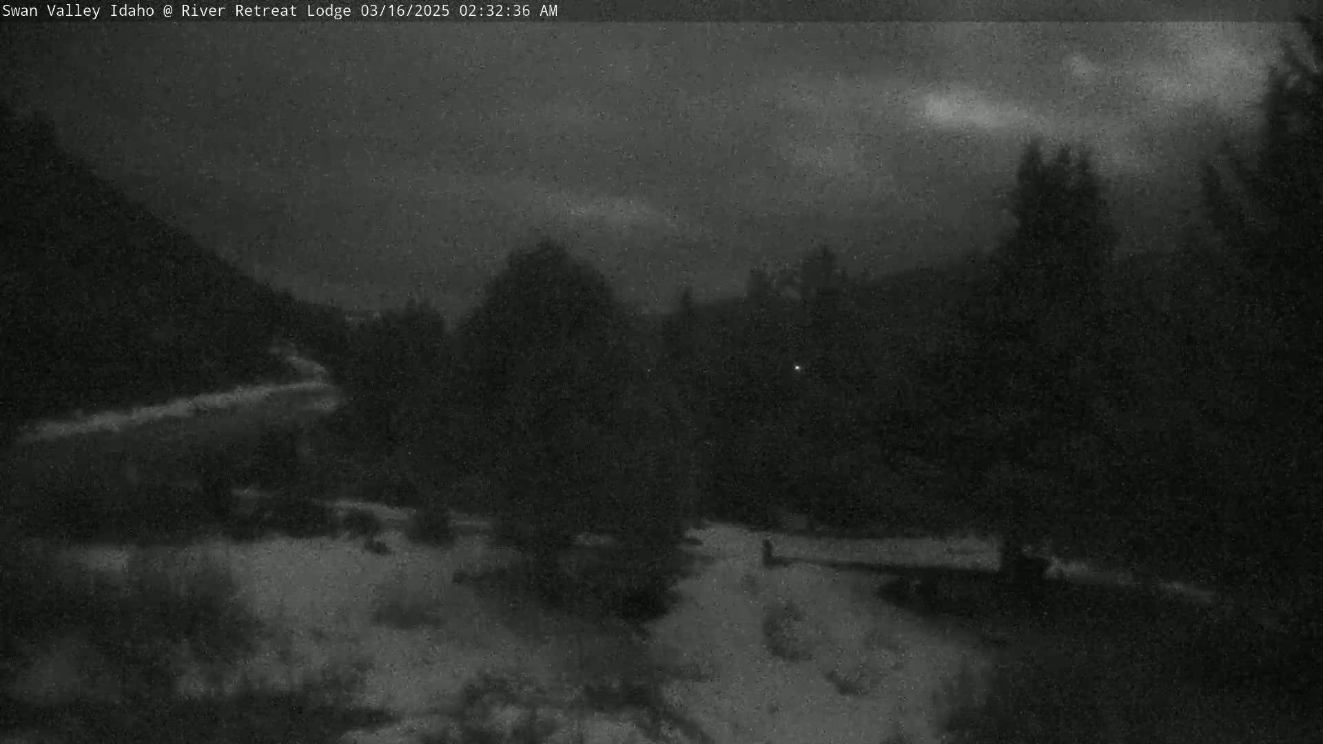 A nighttime, snow-covered landscape is visible, showing dark trees and a path under a cloudy sky.