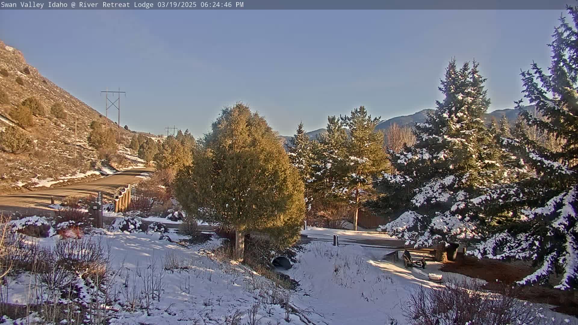 A snow-covered landscape with evergreens, a road, and a hillside under a clear, sunny sky.