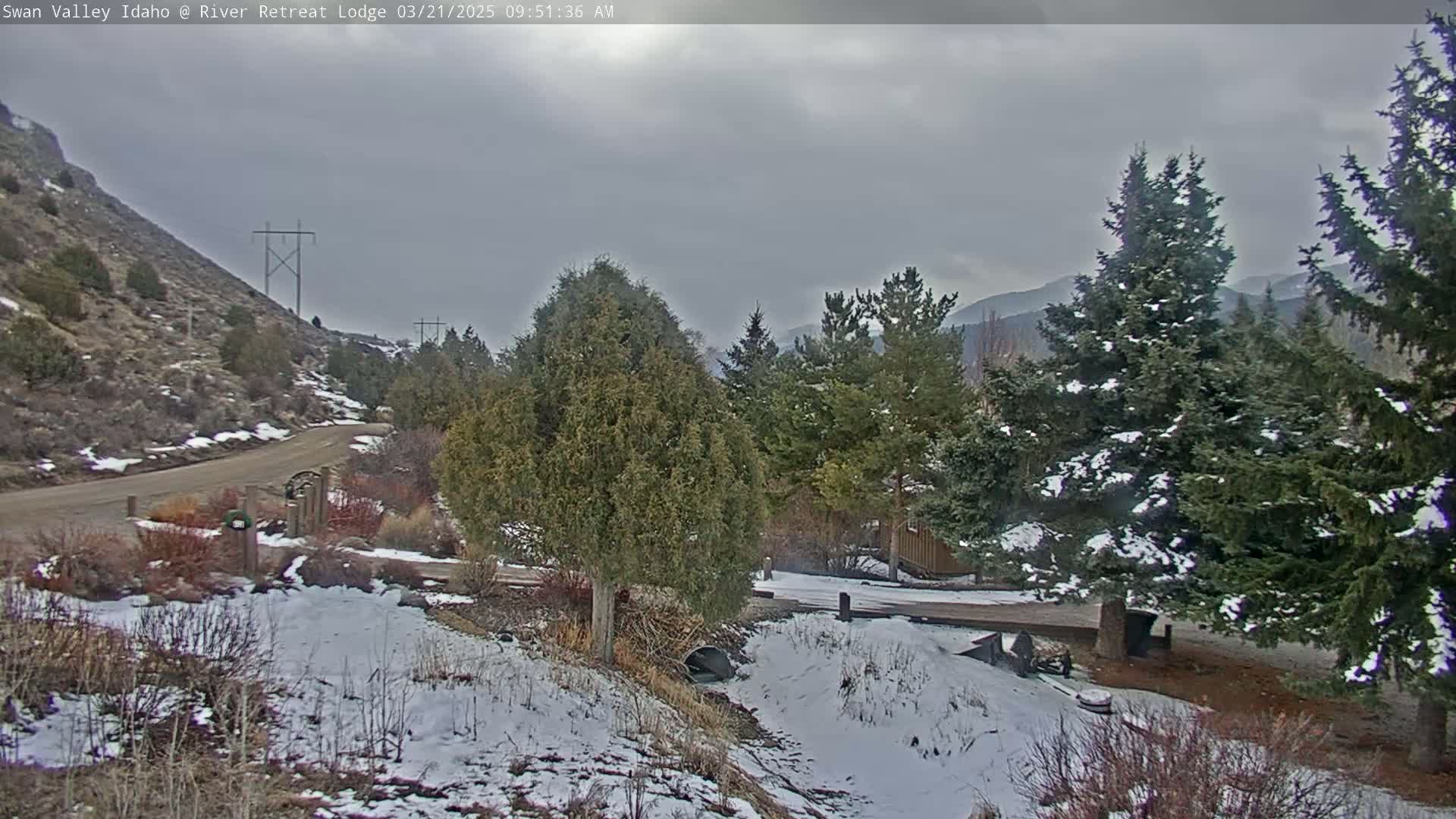 A snow-dusted landscape shows a road winding past evergreens and a hillside under a cloudy sky.