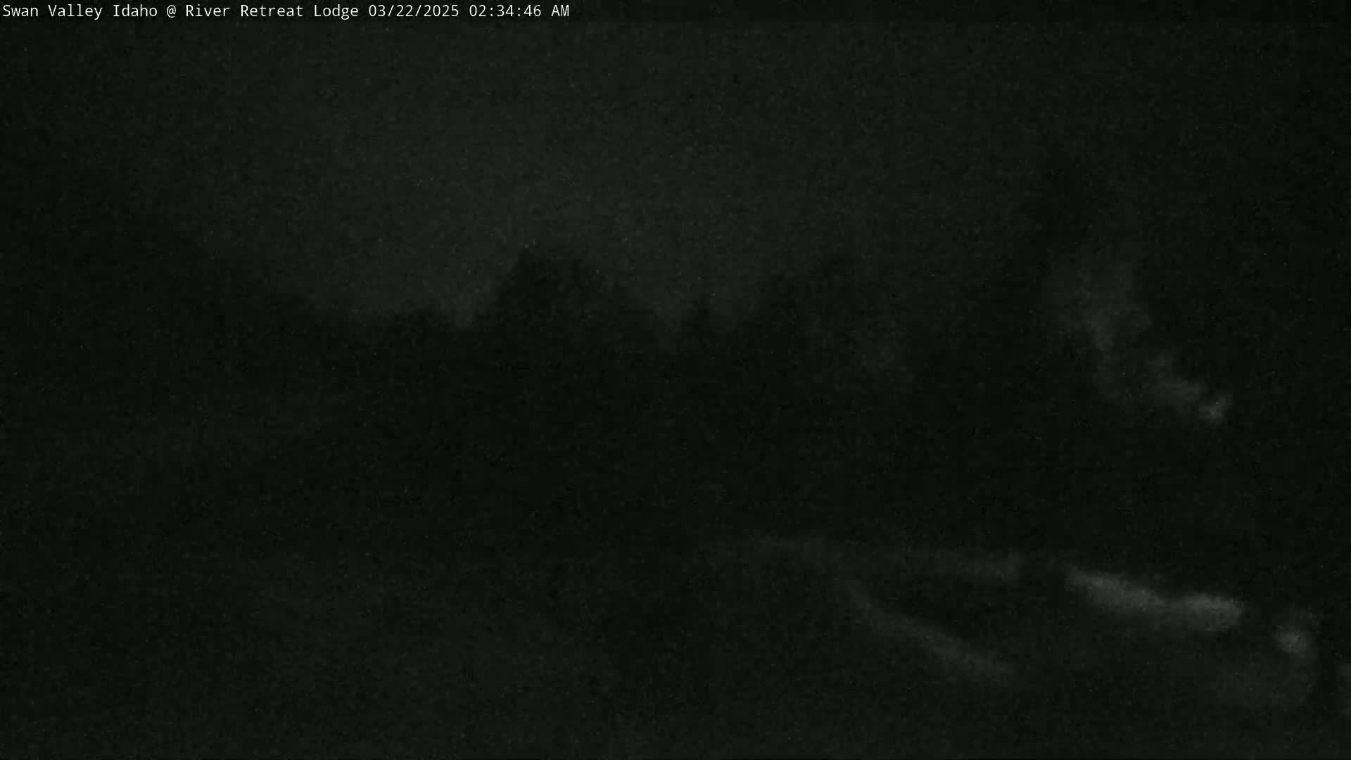 A dark, nighttime outdoor scene shows a blurry, indistinct view of trees and land under a cloudy sky.