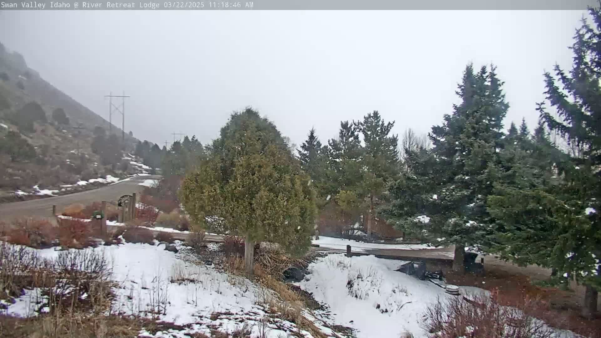 A snow-covered landscape shows a road curving around a hill, passing by evergreens and a small stream, under a lightly overcast sky.