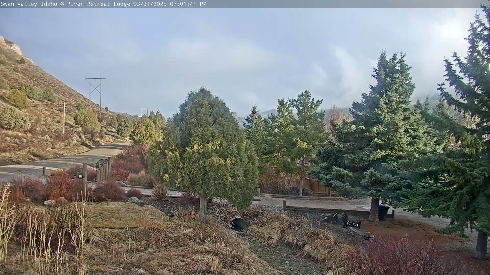 A paved road winds through a landscape of evergreens, low brush, and a dry creek bed under a partly cloudy sky.