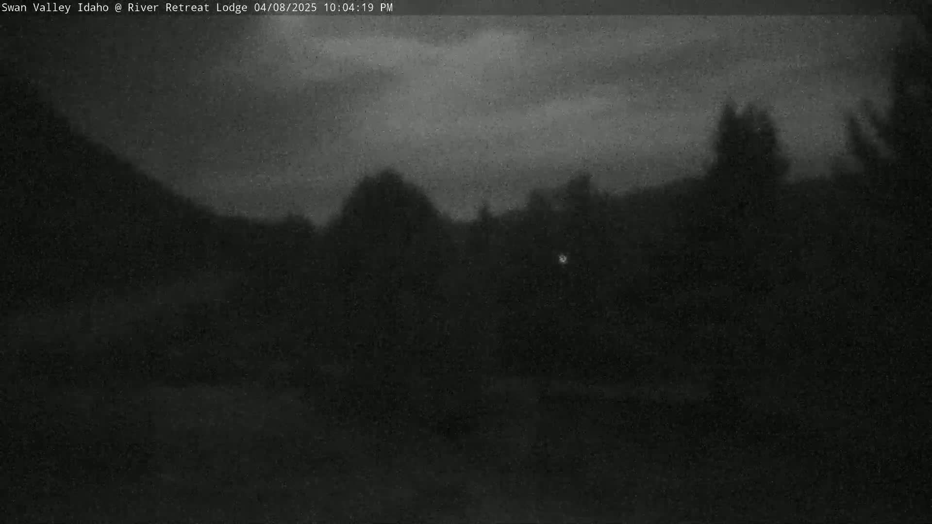 A nighttime, low-light view of a dark landscape with hills and a few silhouetted trees under a cloudy sky.
