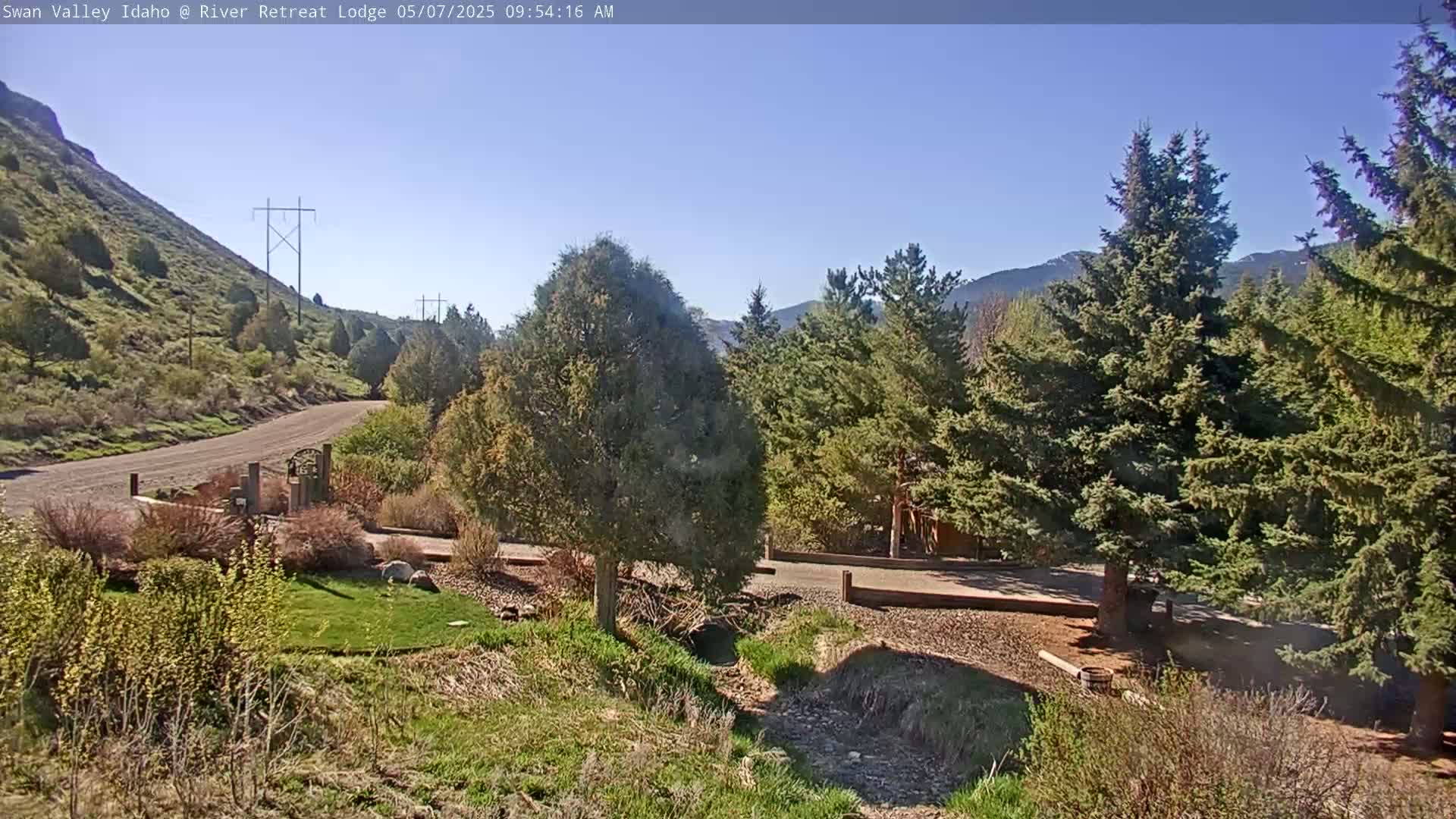 A gravel driveway leads to a lodge nestled among evergreens on a sunny day, with a hillside visible in the background.