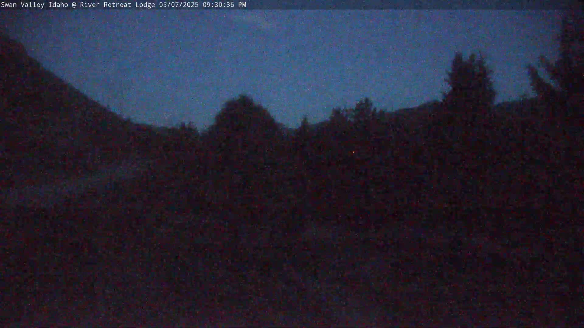 A dark, nighttime view of silhouetted trees and hills under a twilight sky.