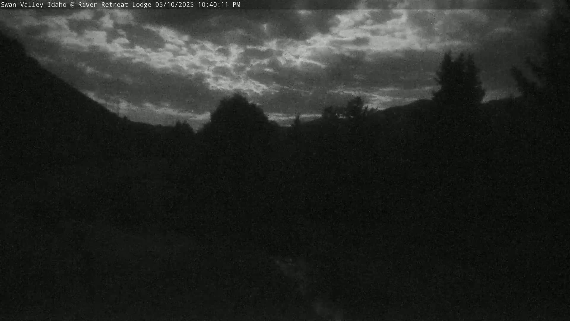 A dark, nighttime scene shows a cloudy sky above a silhouetted landscape of trees and hills.