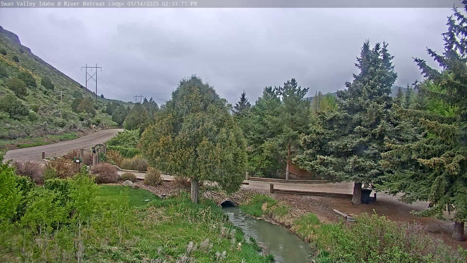 A gravel road winds through a valley of green hills and evergreen trees under an overcast sky, with a small stream flowing near a building.