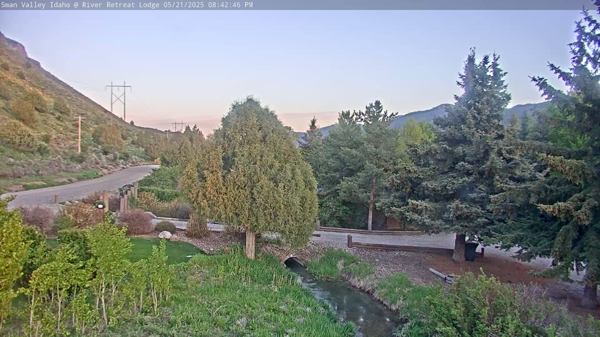 A paved road winds through a landscape of green hills, lush vegetation, evergreen trees, and a small stream under a twilight sky.