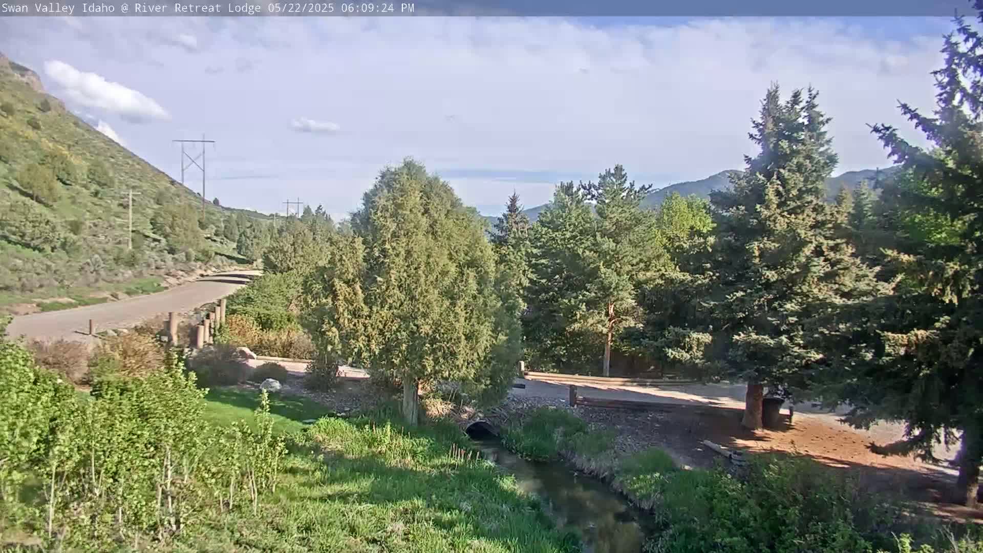 A paved road curves through a green valley, alongside a small stream, under a mostly sunny sky, with tall evergreen trees and a hillside in the background.