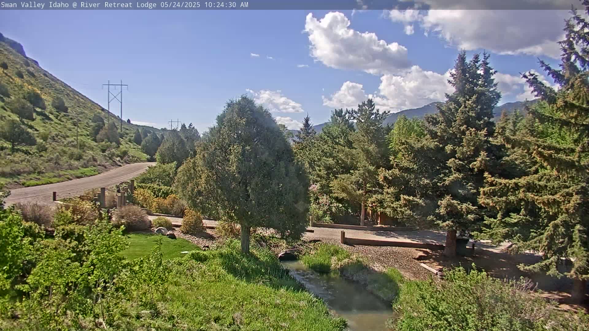 A partly sunny day shows a view of a paved road winding alongside a grassy hill, leading to a tranquil stream flowing through a lush green landscape dotted with evergreen trees.