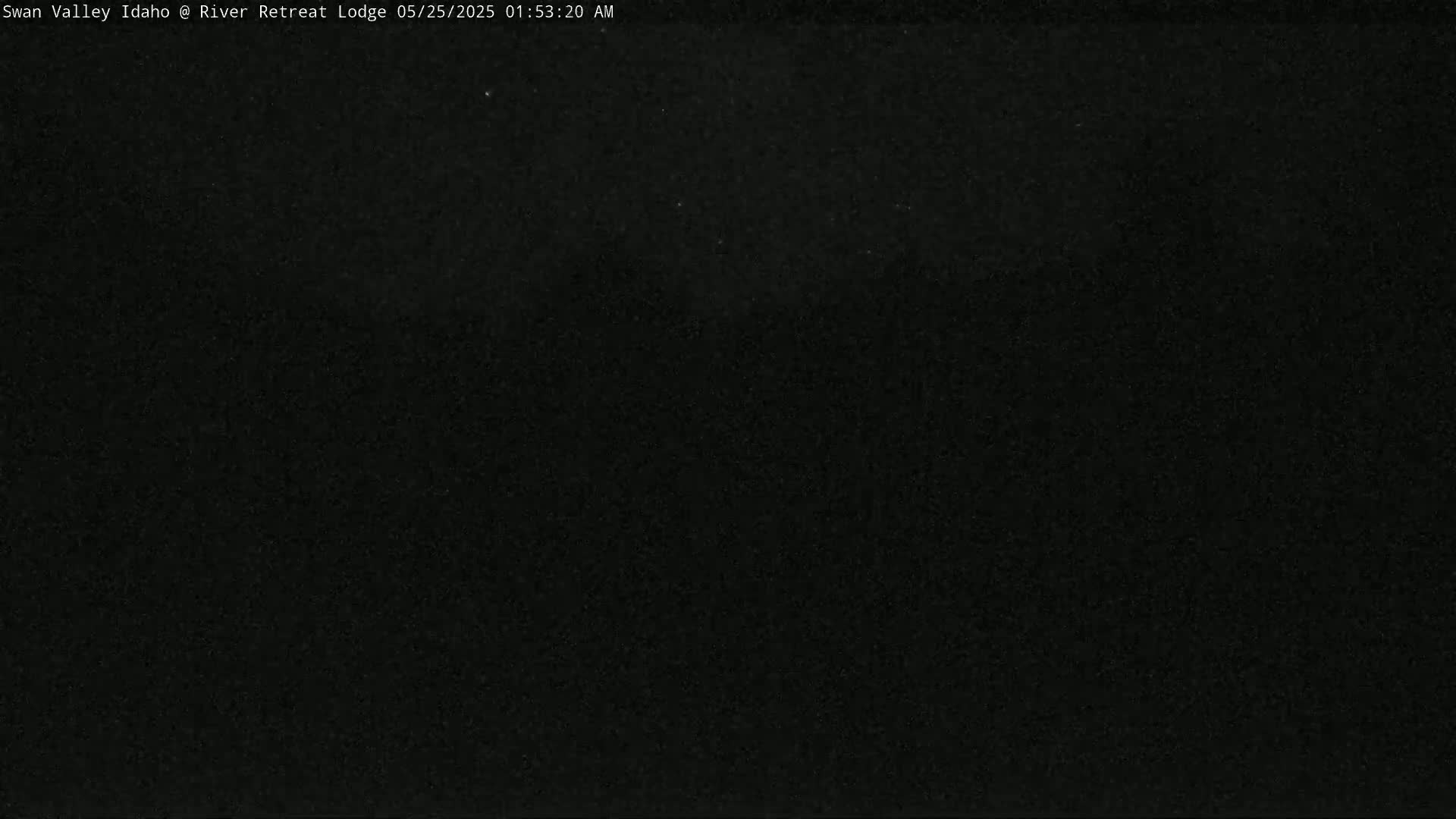 A nighttime image shows a completely dark scene with only a few faint specks of light visible.