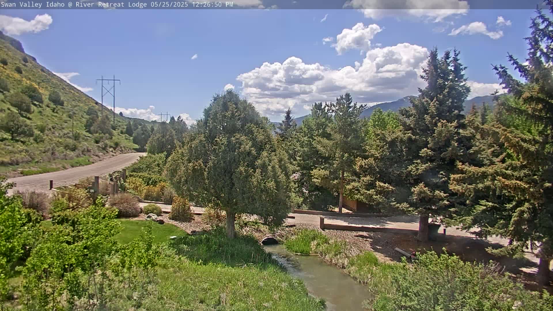 A paved road winds through a lush green valley under a partly cloudy sky, alongside a small stream flowing through a landscaped area with evergreen trees.